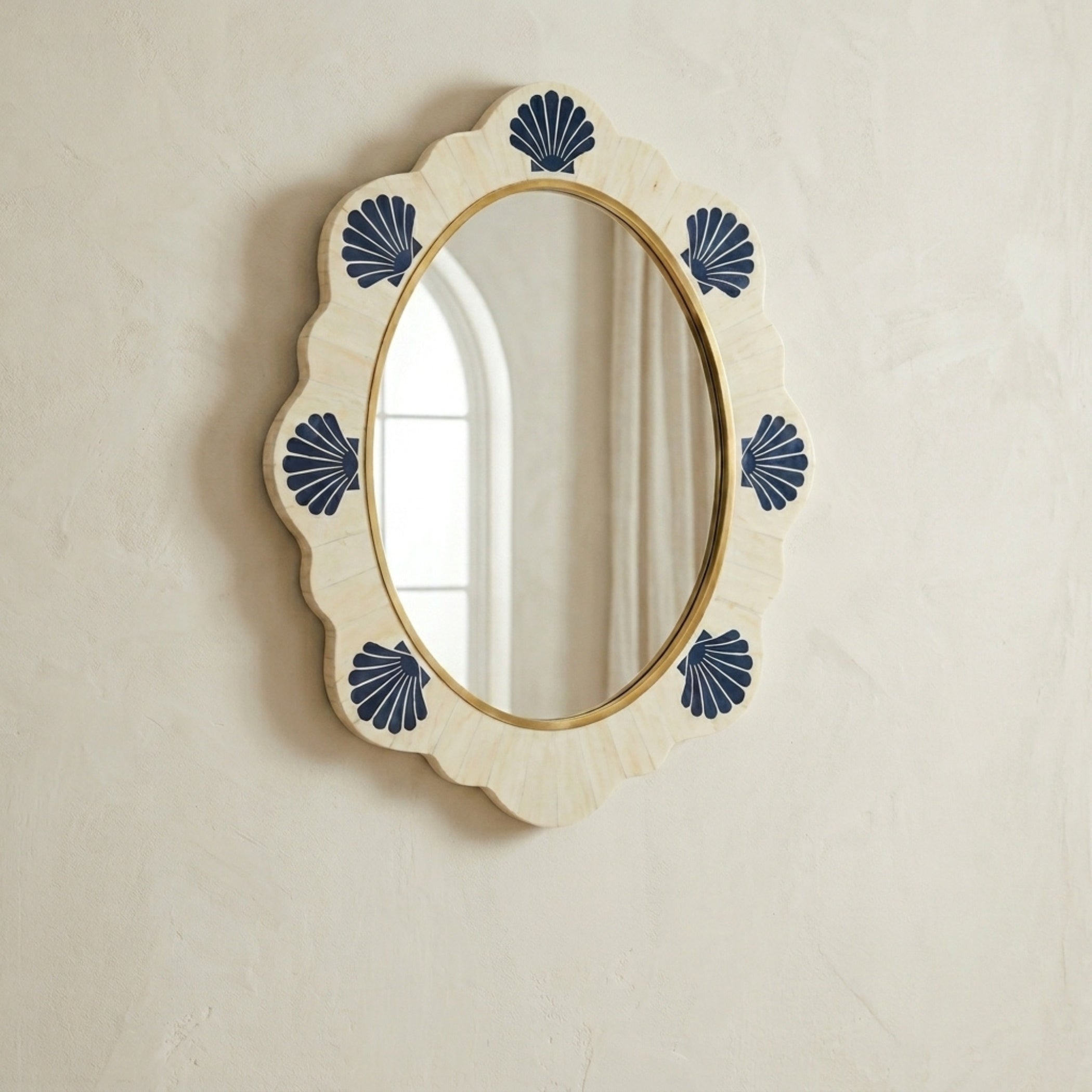 Handmade Blue Bone Inlay Oval Mirror, Scalloped Coastal Brass Frame