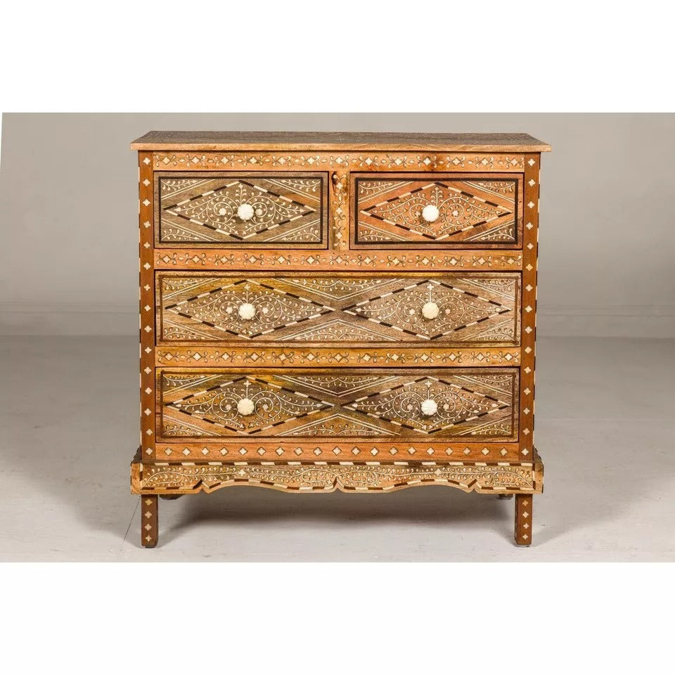 Bone Inlay Chest Of Drawer- Four Anglo Style Mango Wood Home Décor Luxury Furnit