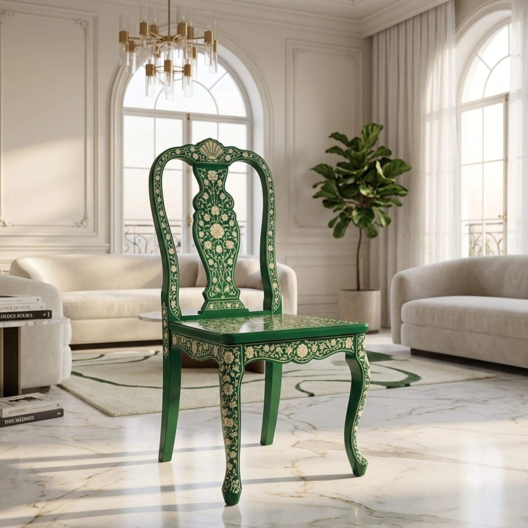 Handmade Floral Bone Inlay Chair Green | Luxury Home