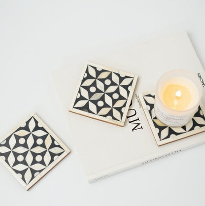 Bone Inlay Geometric Coasters Set - Black Set of 4 with Holder - Unique Home Decor