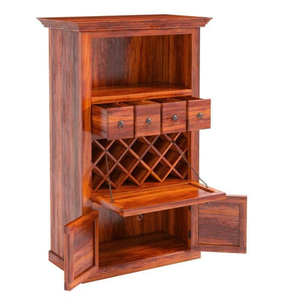 Handmade wine rack table with drawer and door. Rustic, solid, reclaimed wooden furniture.