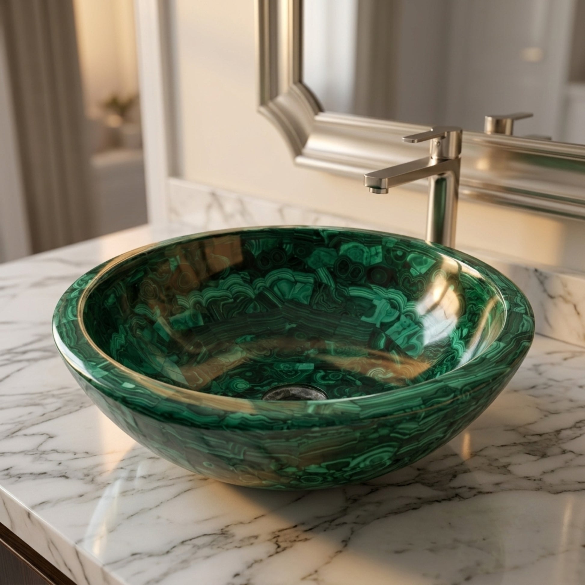 Luxury handmade Malachite stone vessel sink installed on a premium marble countertop with modern faucet in a contemporary designer bathroom.