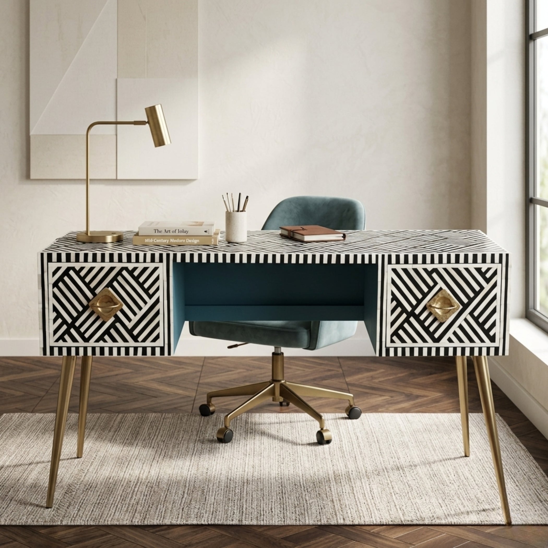 Luxury Black White Bone Inlay Study Table Handmade | Luxury Home Decor