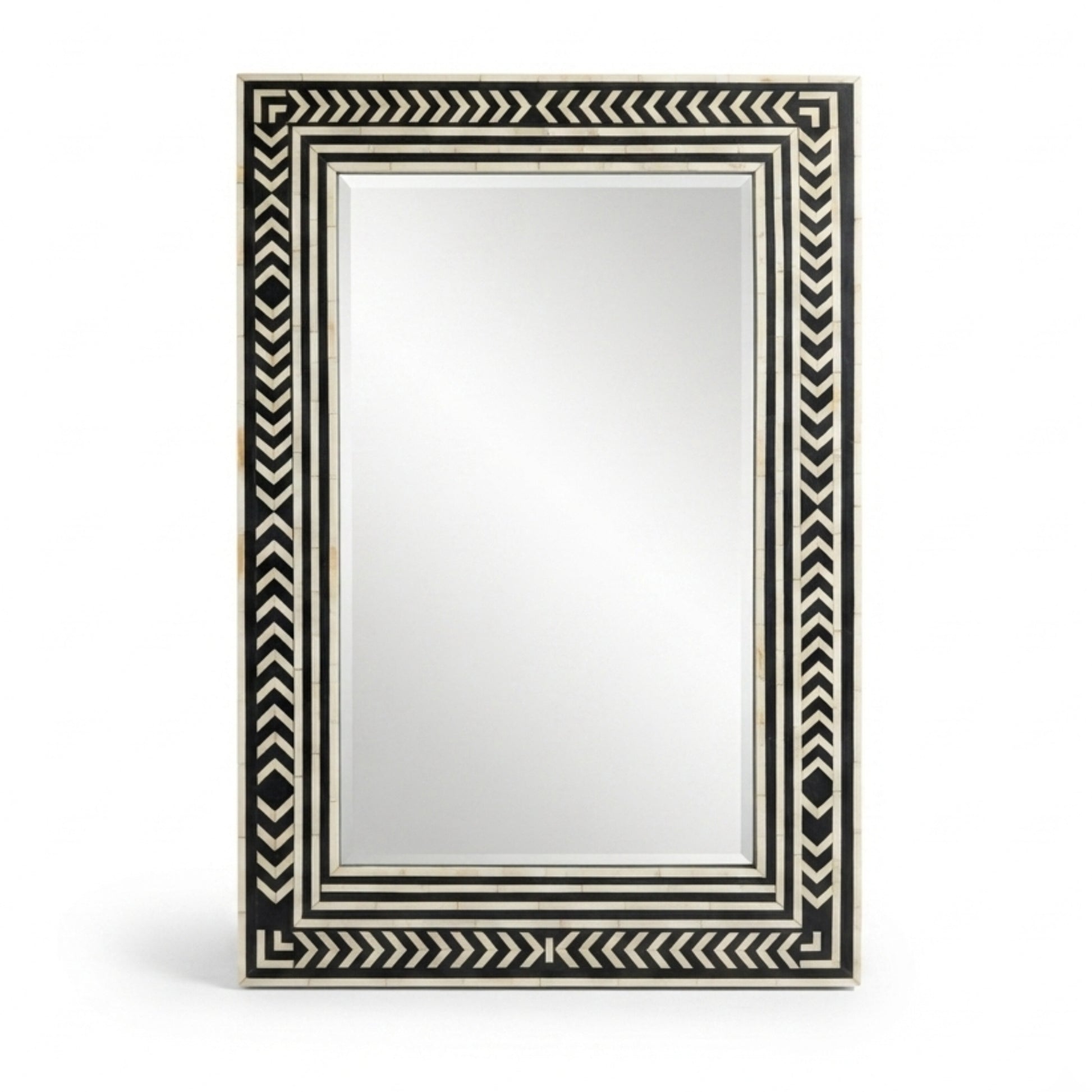 Handmade Black and White Bone Inlay Rectangle Wall Mirror with Chevron Pattern Frame