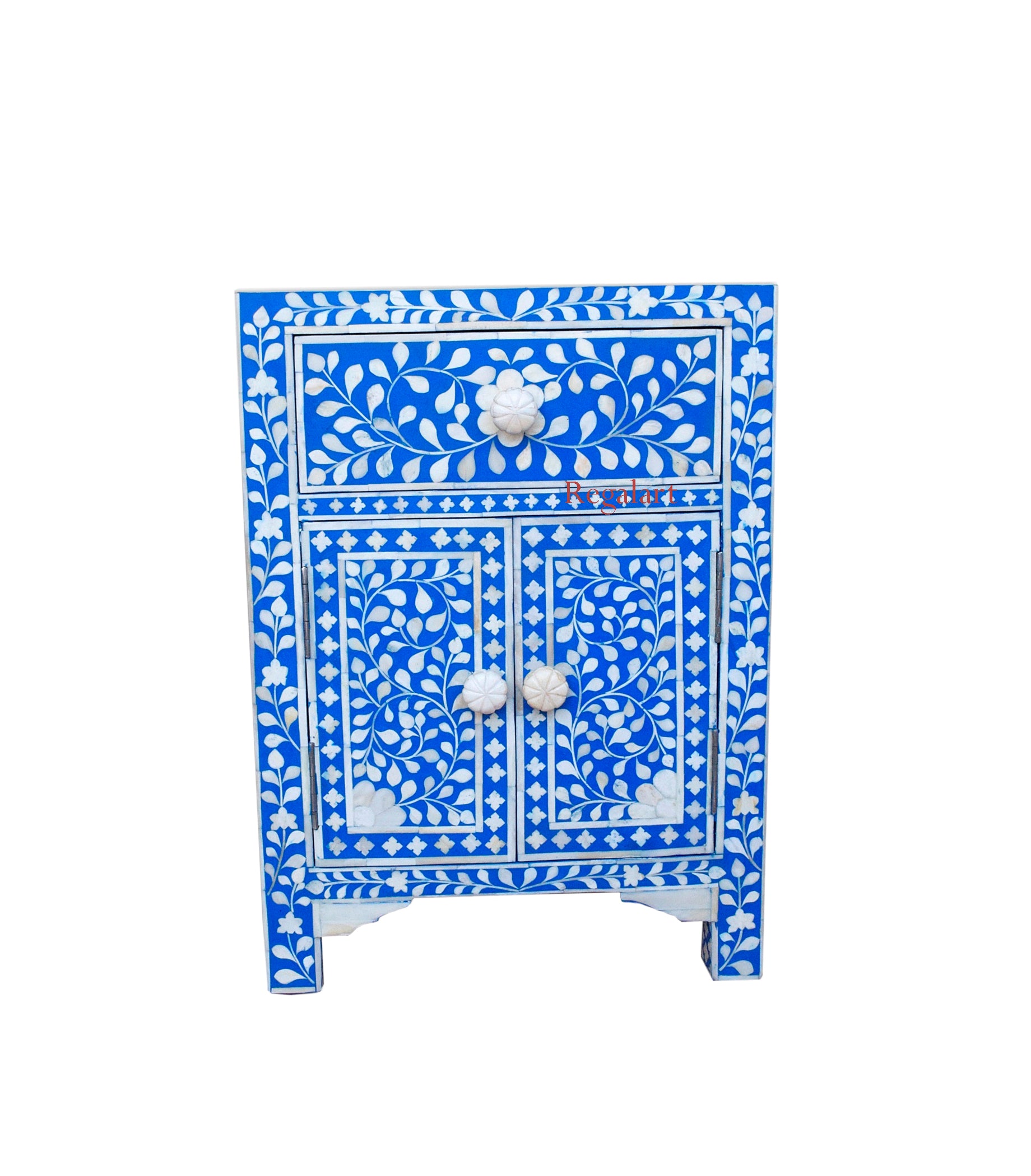Front view of handmade bone inlay bedside table