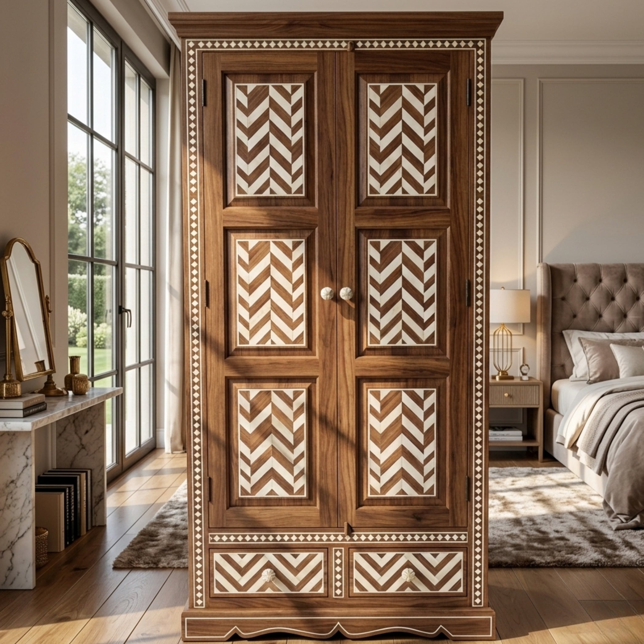 Handmade Chevron Bone Inlay Wardrobe | Luxury Home Decor