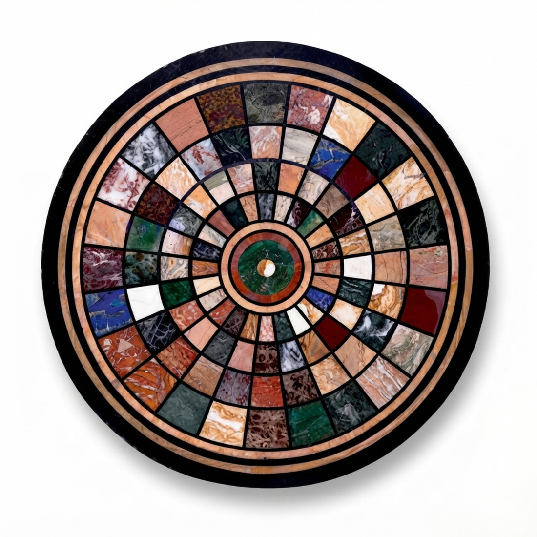 Luxury round marble inlay coffee table top with multicolor natural stone geometric mosaic design styled in a modern living room.
