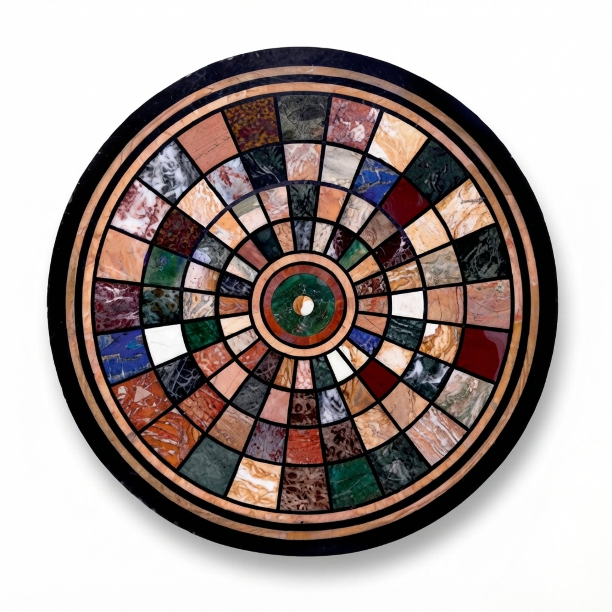 Handmade round marble inlay table top featuring multicolor natural stone geometric mosaic pattern with black marble border.