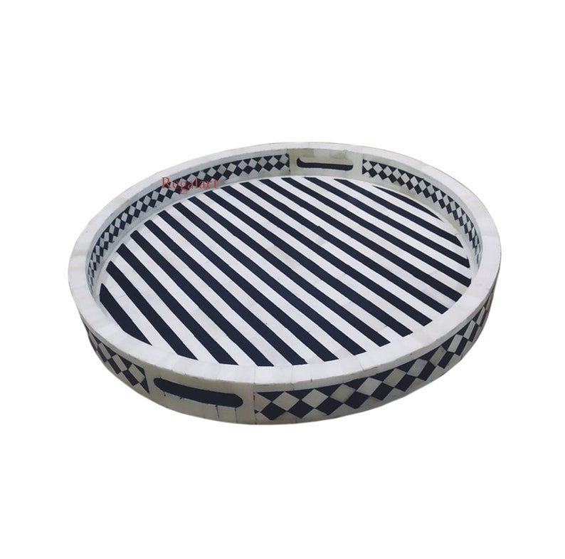 Luxury Bone Inlay Round Tray | Striped Decor Serving