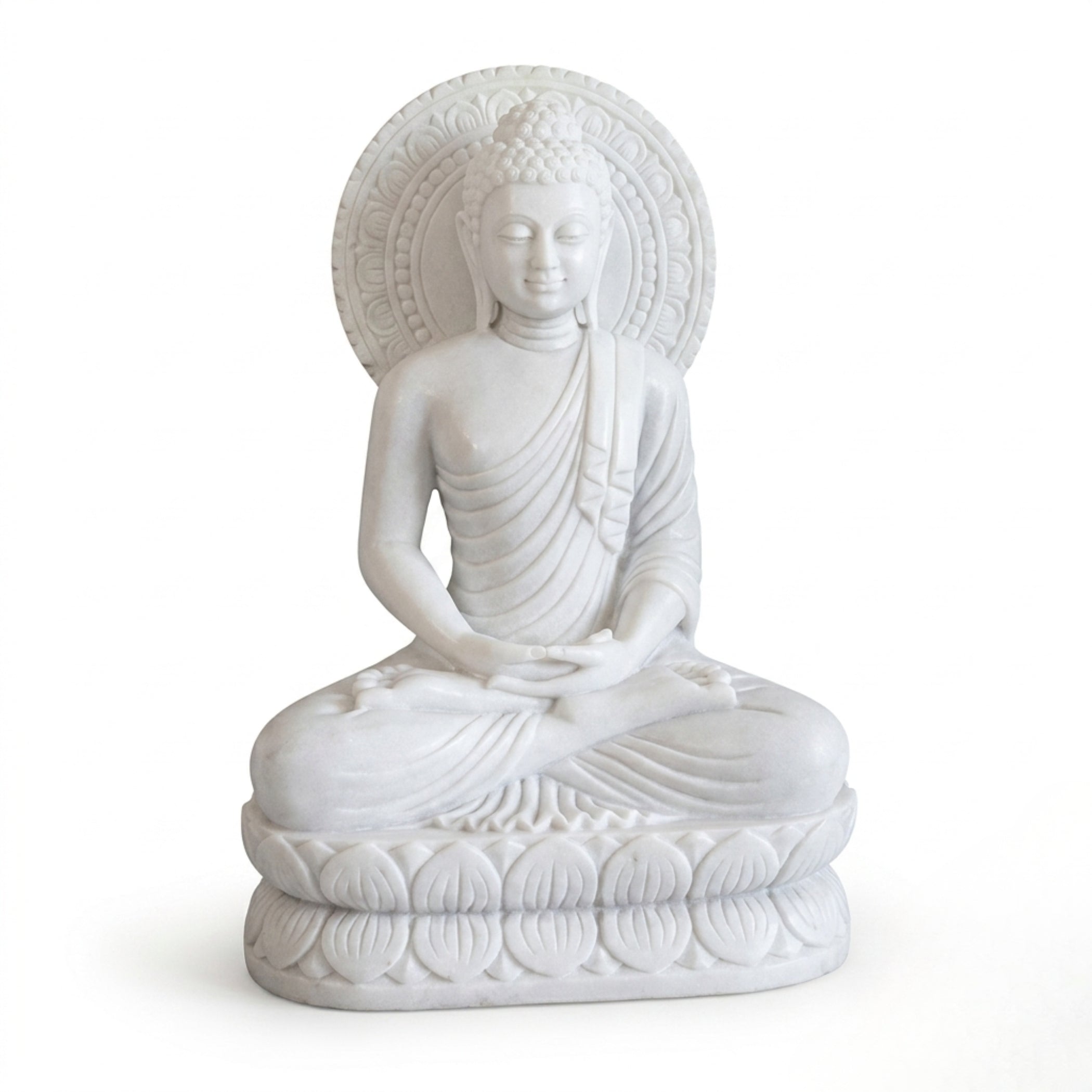 Handmade White Marble Buddha Statue 24 x 16 Inch – Hand-Carved Meditation Sculpture on Lotus Base with White Background