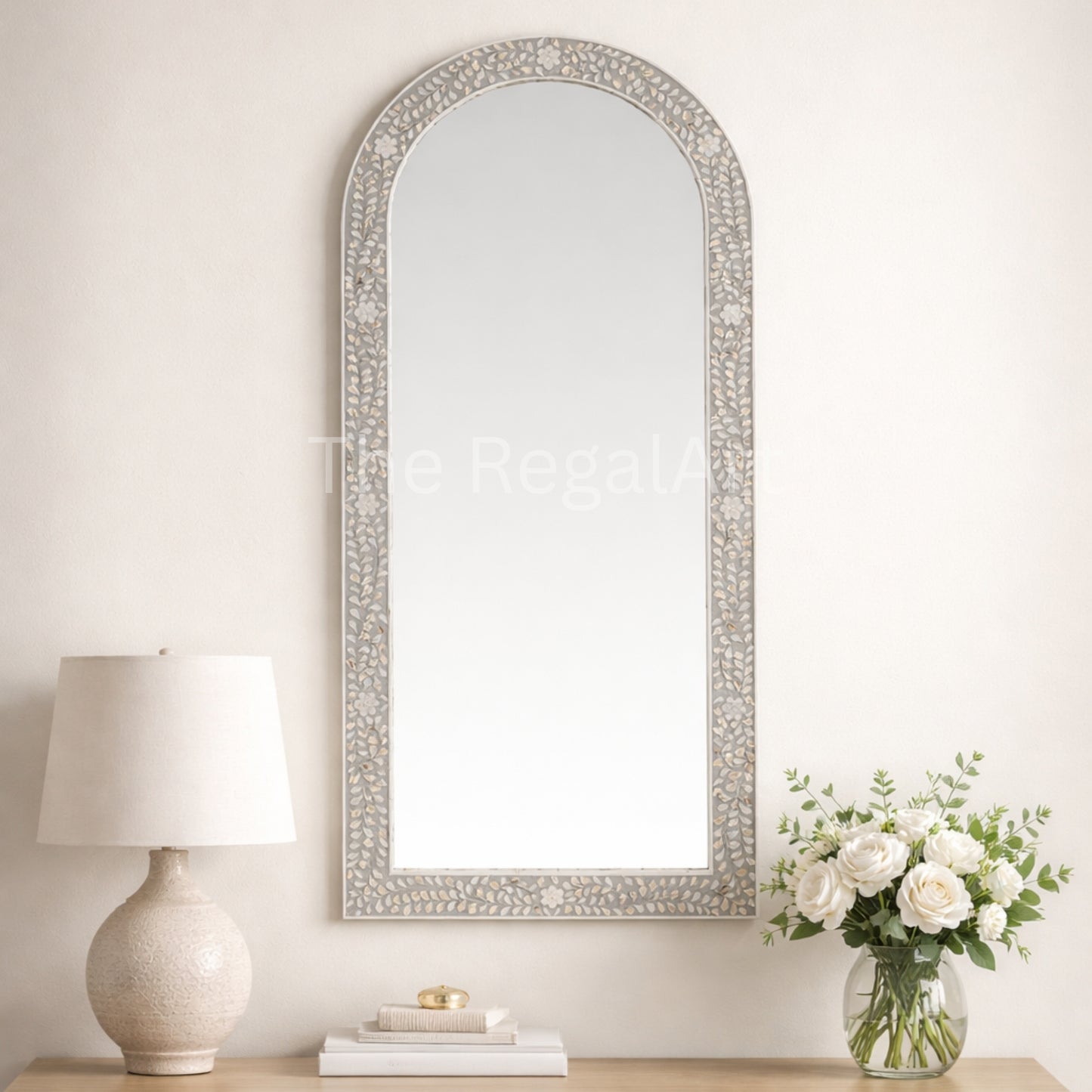 Handmade Mother of Pearl Inlay Floor Mirror – Arched Floral Design