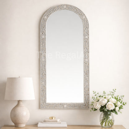 Handmade Mother of Pearl Inlay Floor Mirror – Arched Floral Design