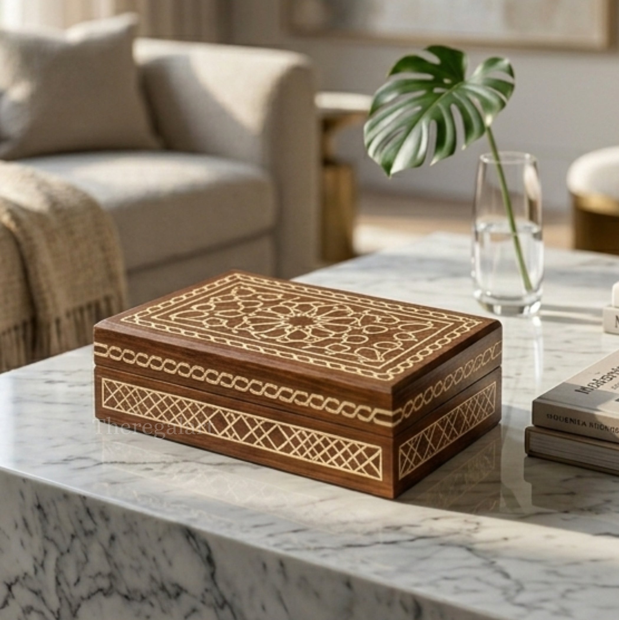 Handcrafted Bone Inlay Wooden Jewelry Box, Storage Box