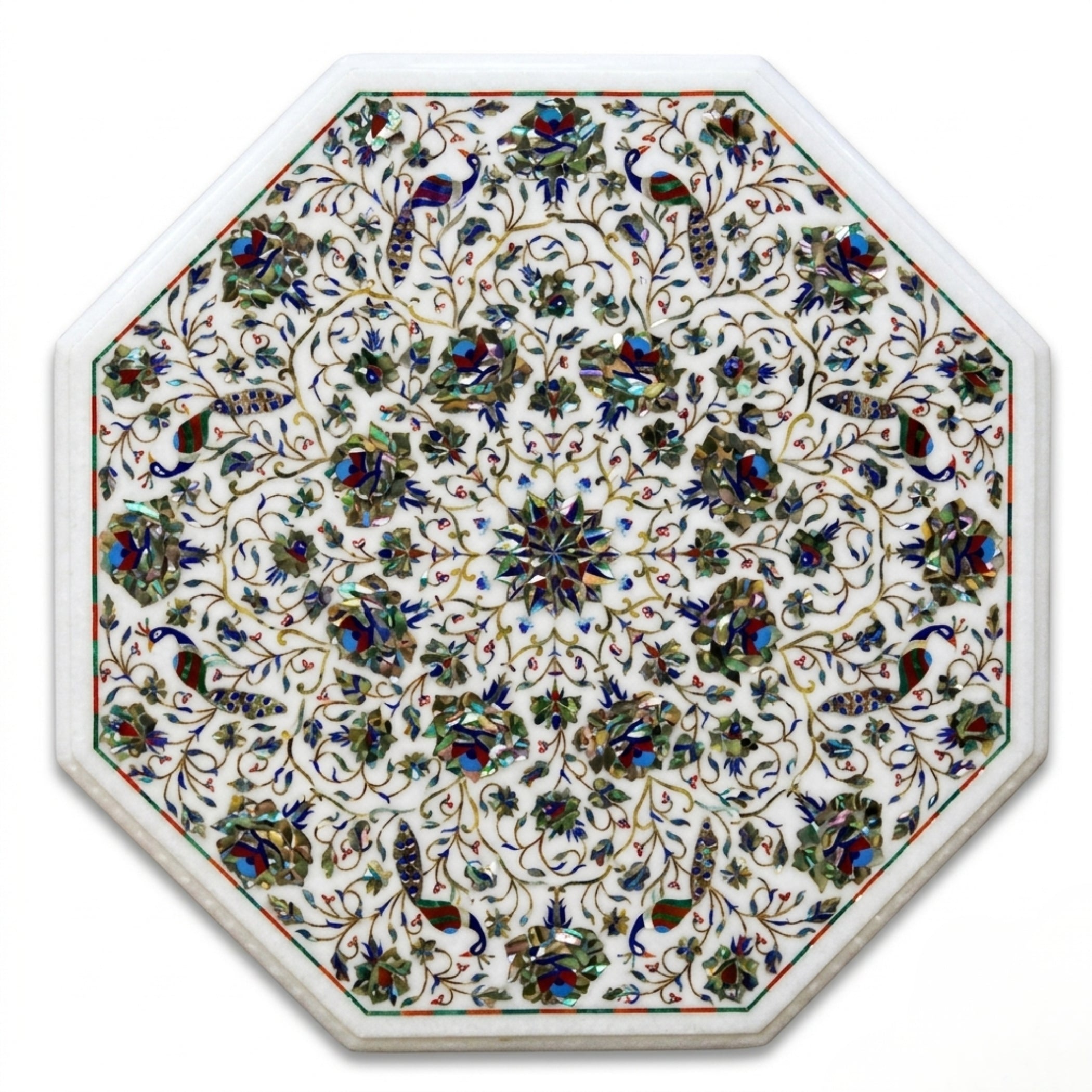 Handmade white marble octagonal tabletop featuring intricate floral and peacock Pietra Dura inlay with colorful semi-precious gemstones on a white background.