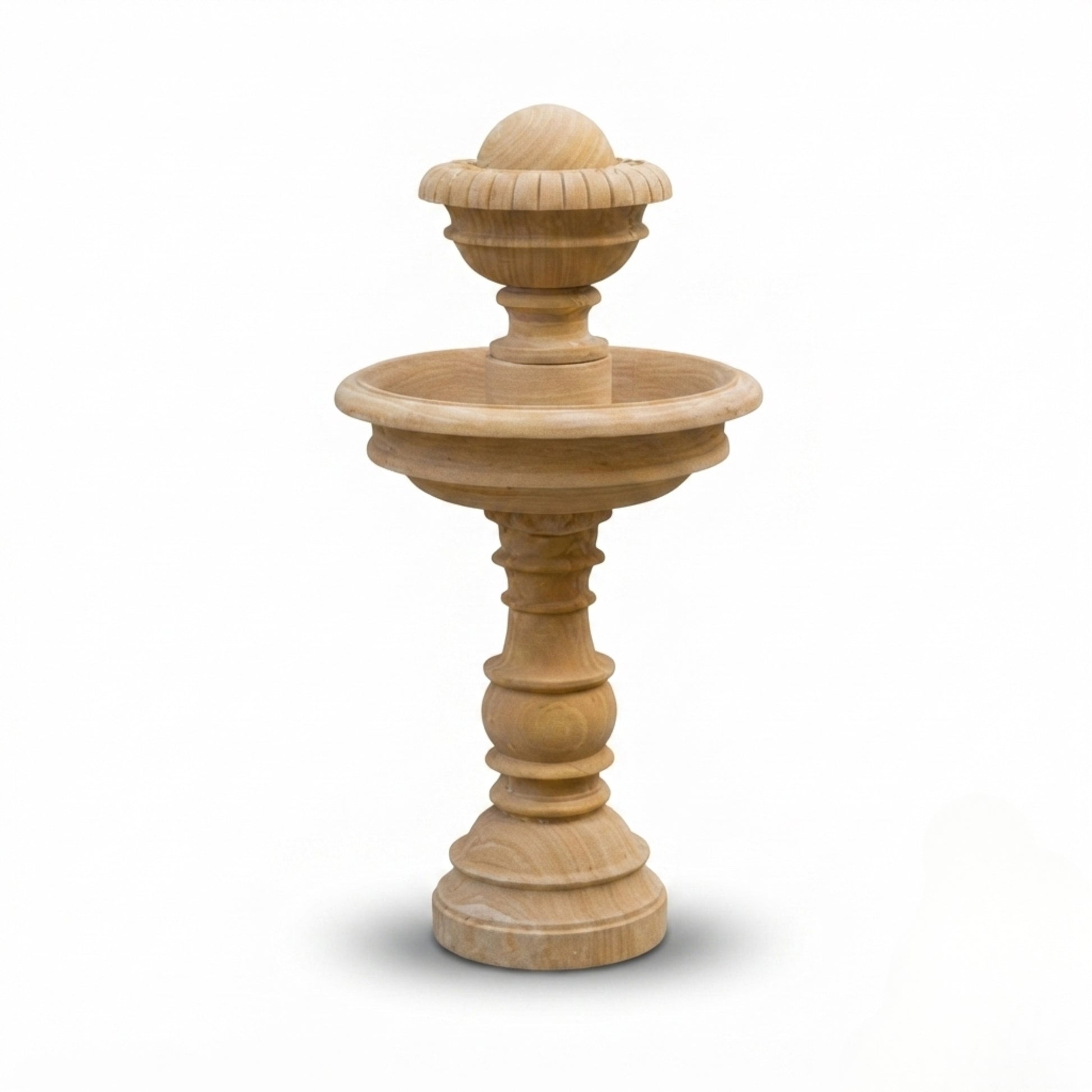 A natural light wood double-tiered fountain with a carved pedestal base and a rounded top, shown on a white background with a soft shadow.