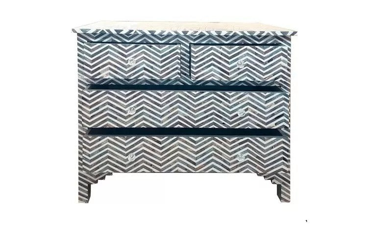 Bone Inlay Chest Of Drawers- Chevron in Grey Wood Modern Pattern Home Decor