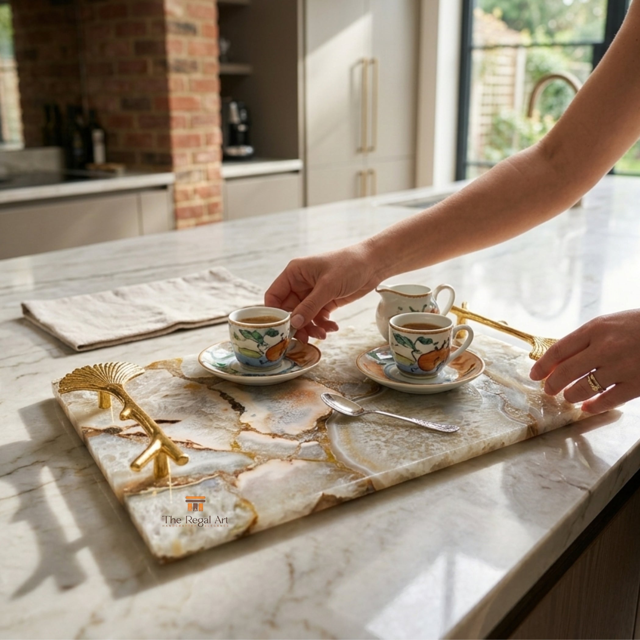 White Agate Serving Tray | Luxury Gold Handle Table Decor