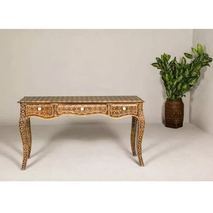 Vintage Console Table Three Drawers Louis XV Style Anglo-Indian Bone Inlay Furni