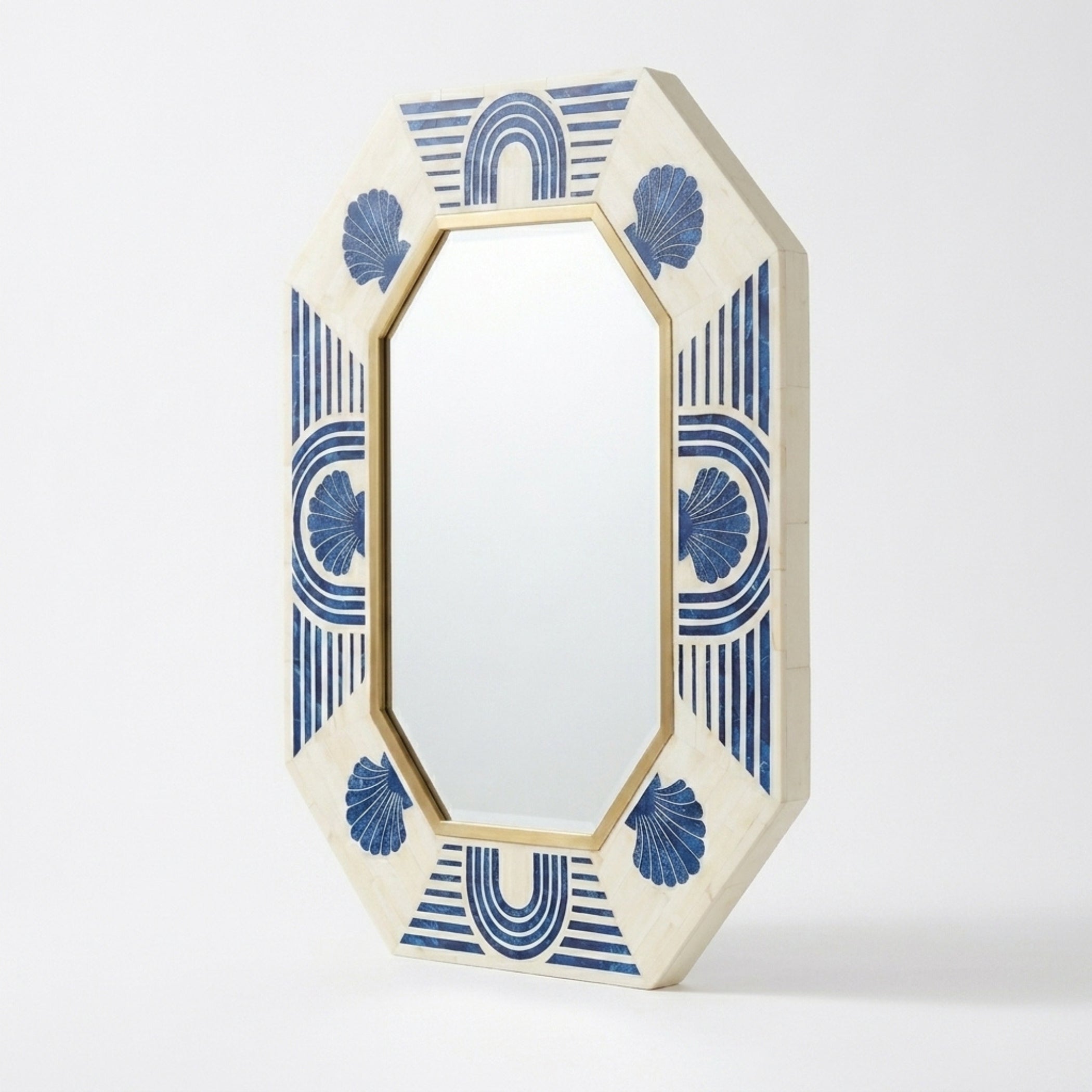 Blue Bone Inlay Octagon Mirror, Brass Detail, Wall Mirror