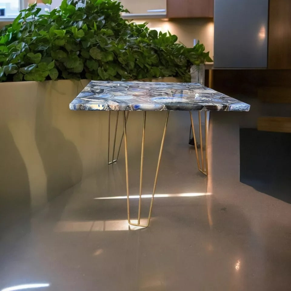 Handcrafted Blue Agate Gemstone Side Table with Gold Hairpin Legs for Luxury Living Room Décor