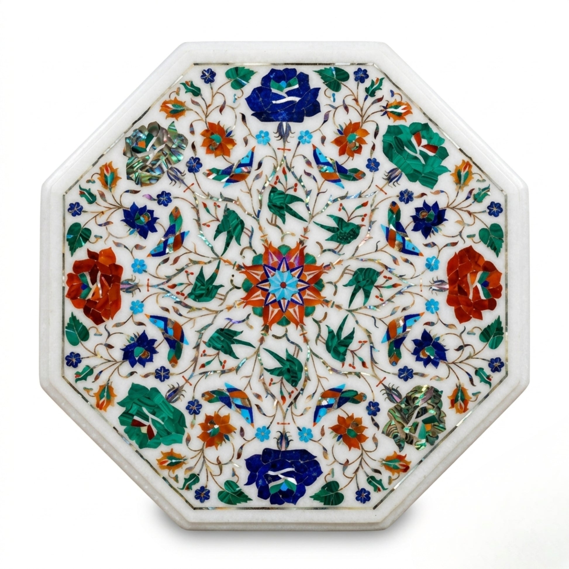 Handcrafted white marble octagonal tabletop featuring intricate floral Pietra Dura inlay with lapis lazuli, malachite, coral, and mother of pearl gemstones.