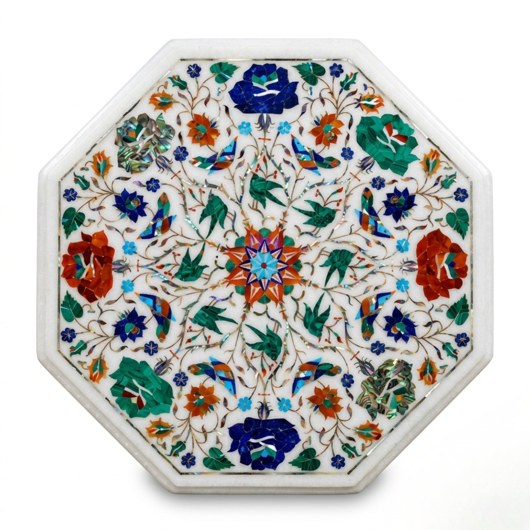 Handcrafted white marble octagonal tabletop featuring intricate floral Pietra Dura inlay with lapis lazuli, malachite, coral, and mother of pearl gemstones.