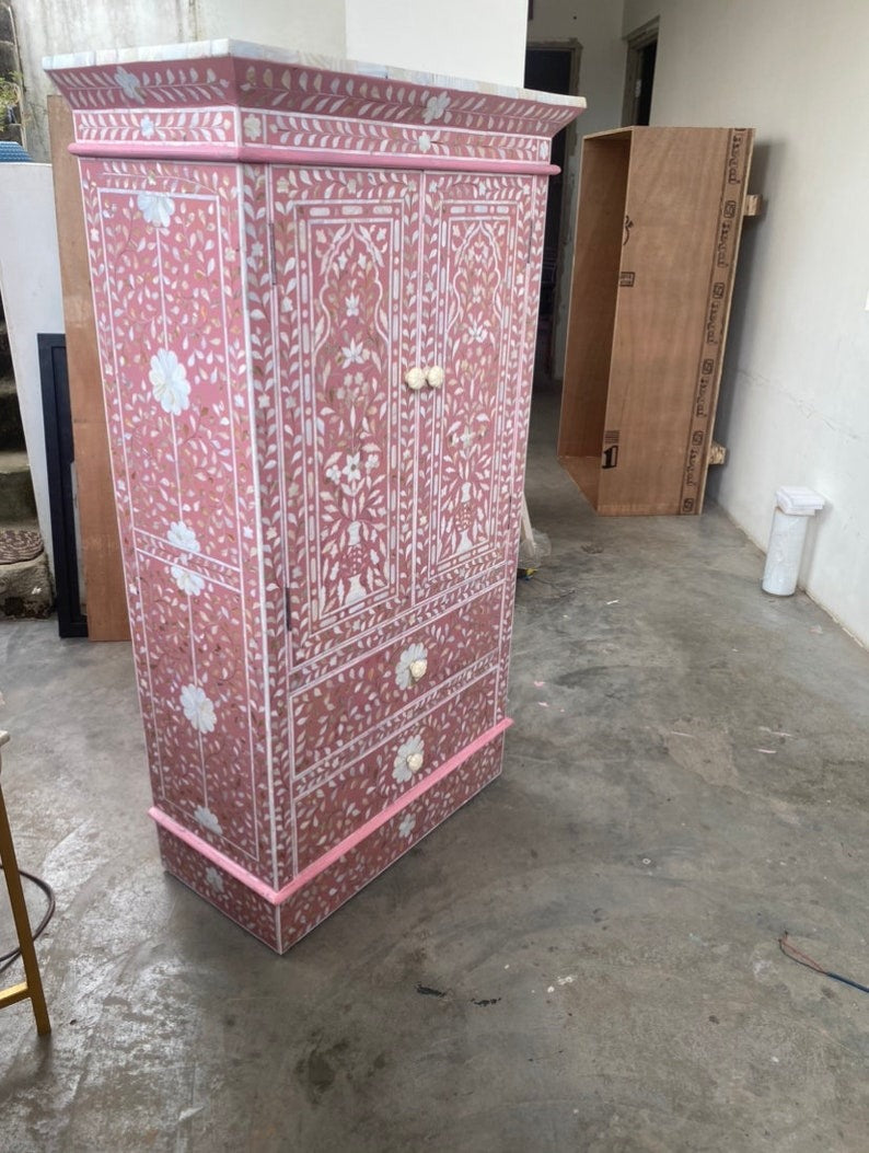 Handmade Floral Bone Inlay Two Door And Two Drawer Almirah / Wardrobe / Home decor