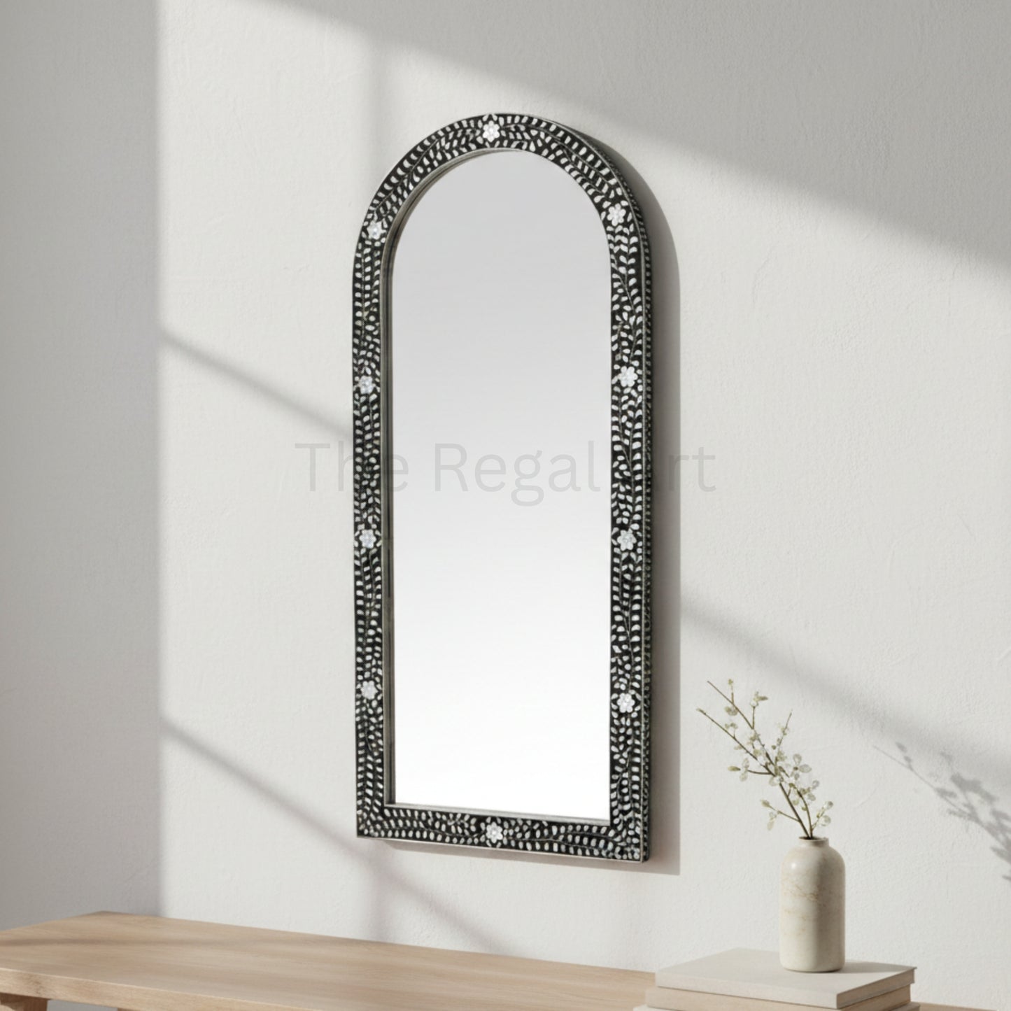 Handmade Bathroom Mirror Frame -Black Mother of Pearl Inlay Arched Floral Design