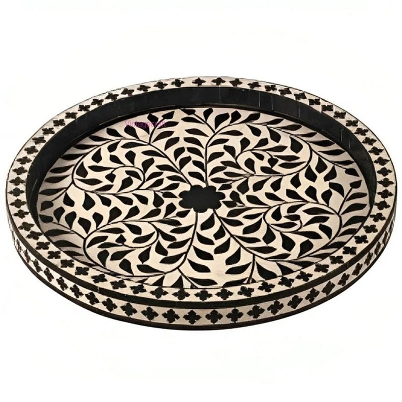 Handmade Bone Inlay Serving Tray with Blue Floral Design – Kitchen & Home Décor Tray