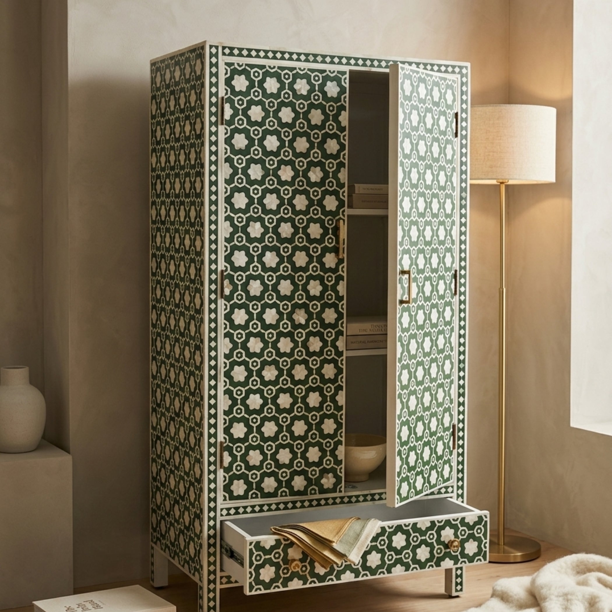 Handcrafted Bone Inlay Storage Wardrobe | Luxury Home Decor