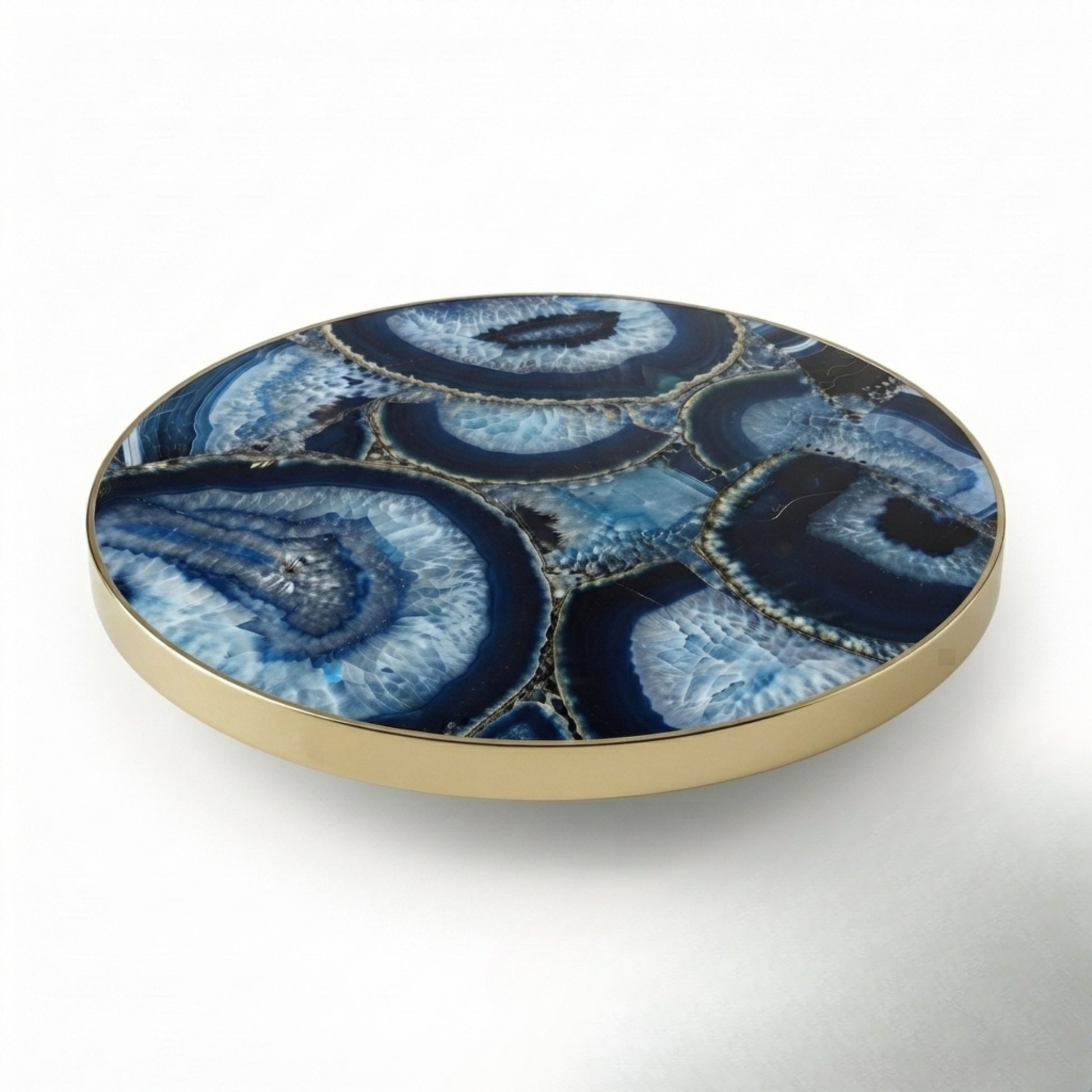 Round Blue Agate Stone Coffee Table Top with Gold Metal Rim Handmade Luxury Furniture