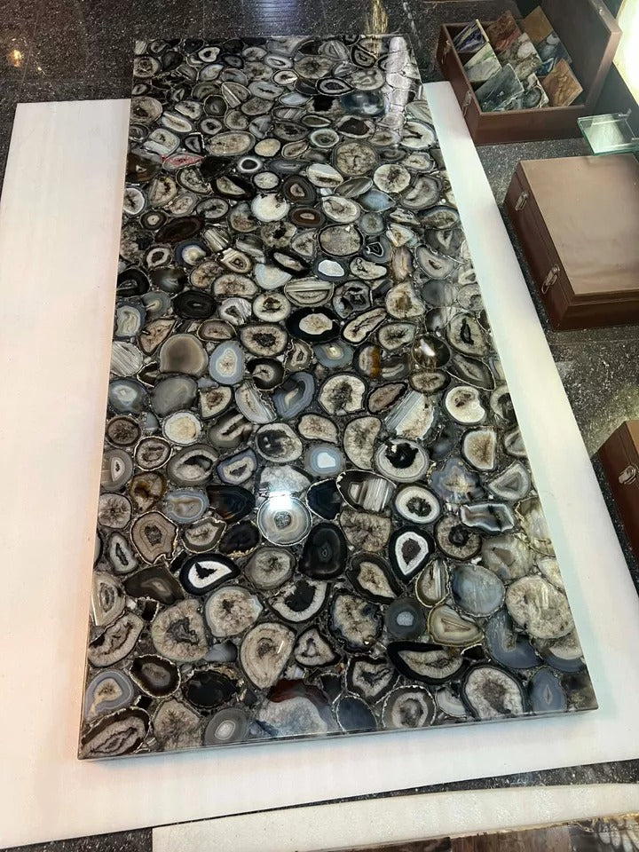 Agate Black Brazil Dining & Kitchen Table, Agate Table Top Slab Decor