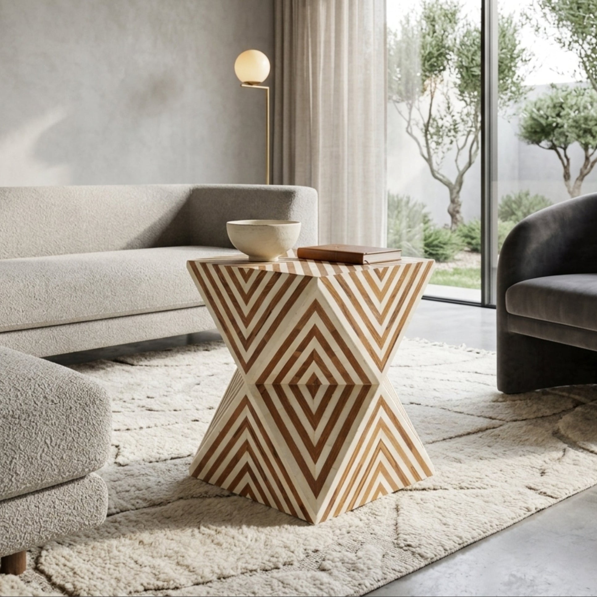 Handmade Brown White Bone Inlay Hourglass Side Table