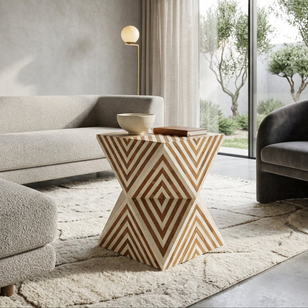 Handmade Brown White Bone Inlay Hourglass Side Table