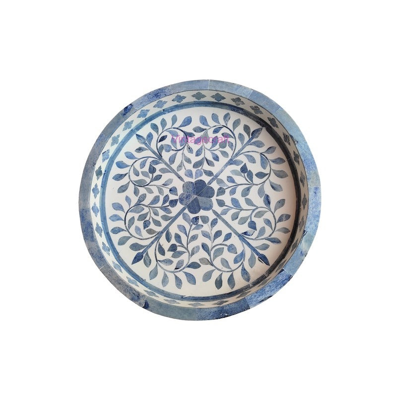 Blue Bone Inlay Round Kitchen Serving Tray Handmade Floral Design Tray Christmas gift item