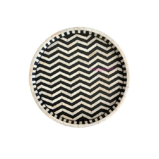 Handmade Bone Inlay Round Serving Tray – Zig-Zag Pattern – Luxury Home Decor