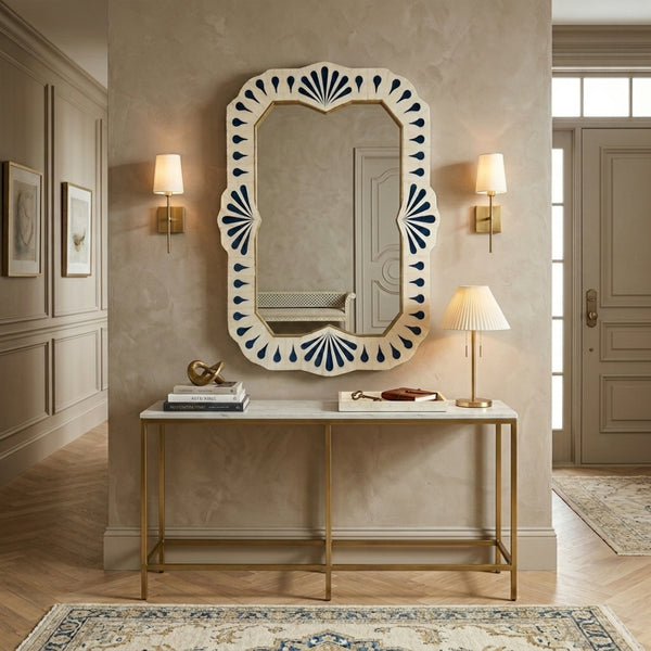 Handmade Blue Bone Inlay Mirror, Designer Wall Mirror, Brass Detail