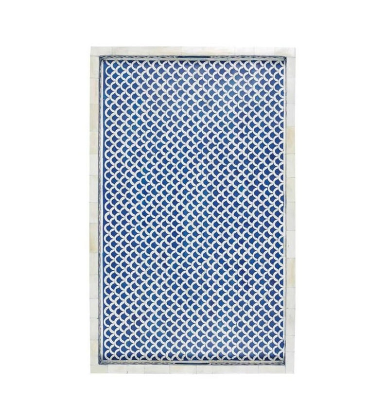 Handmade Bone Inlay Serving Tray – Navy Blue Fish Scale Pattern