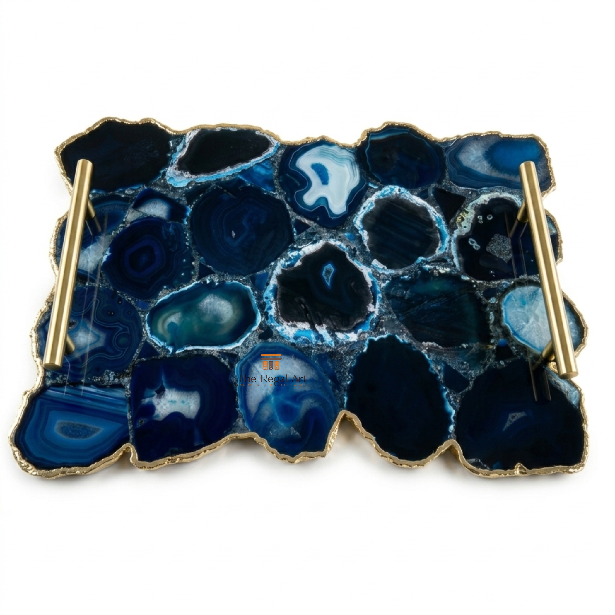 Blue Agate Serving Tray | Luxury Gold Handle Table Decor