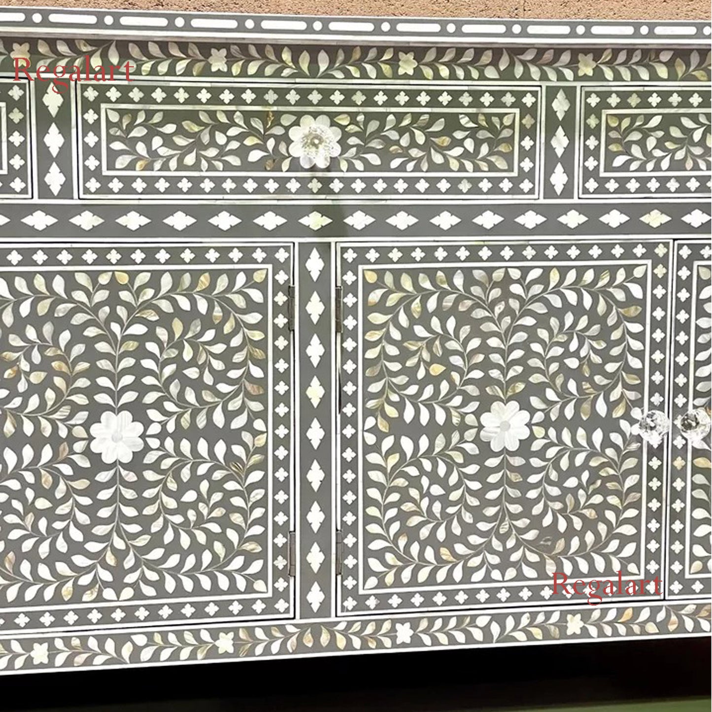 Sideboard Buffet Large Mother Of Pearl Inlay -Mid Grey Floral Home Decor