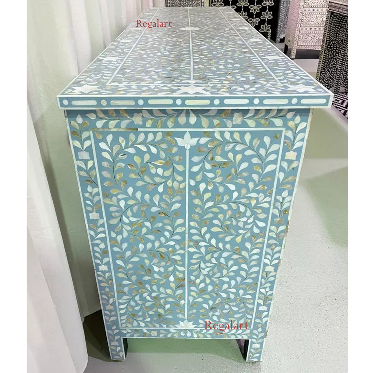 Sideboard Buffet Large Mother Of Pearl Inlay - Blue Floral Home Décor Furniture