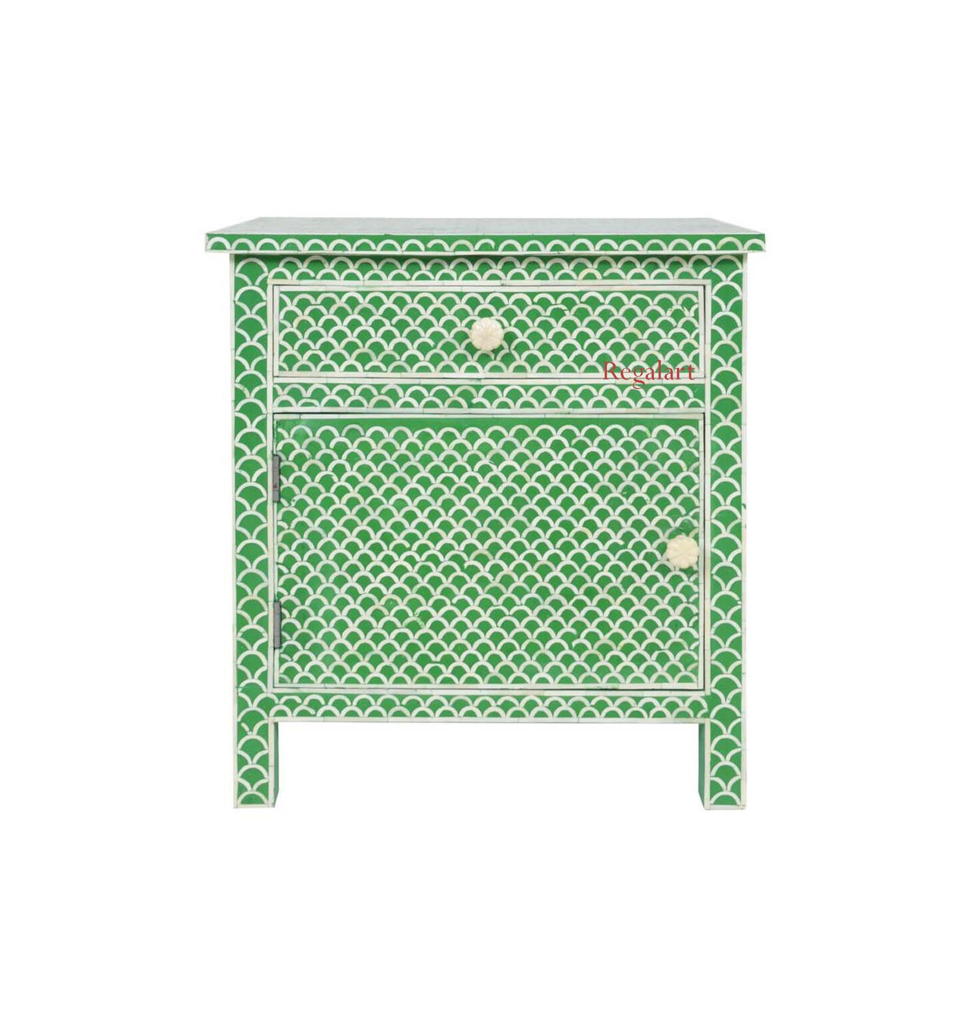 Handmade Bone Inlay Bedside Table With 1 Drawer 1 Door Home Decor Unique Pattern Nightstands Table