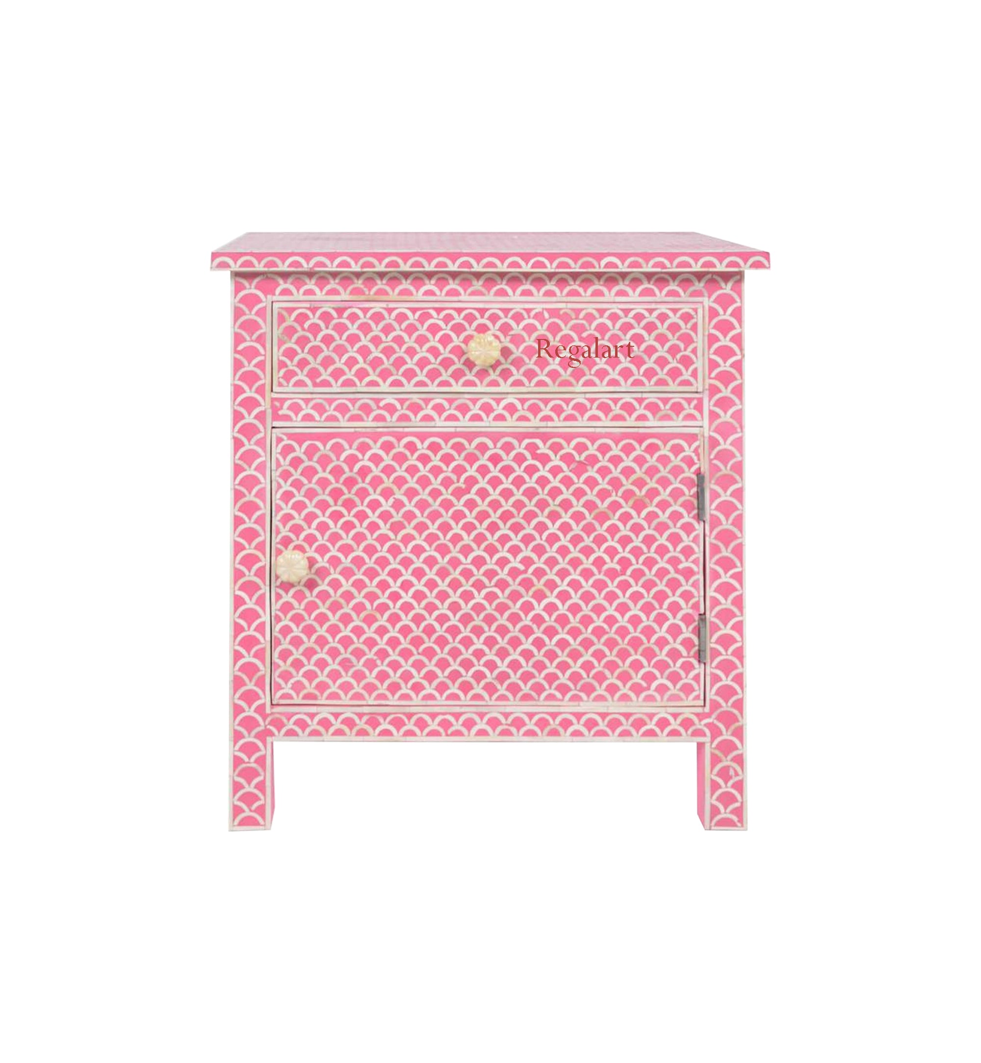 Handmade Bone Inlay Bedside Table With 1 Drawer 1 Door Home Decor Unique Pattern Nightstands Table