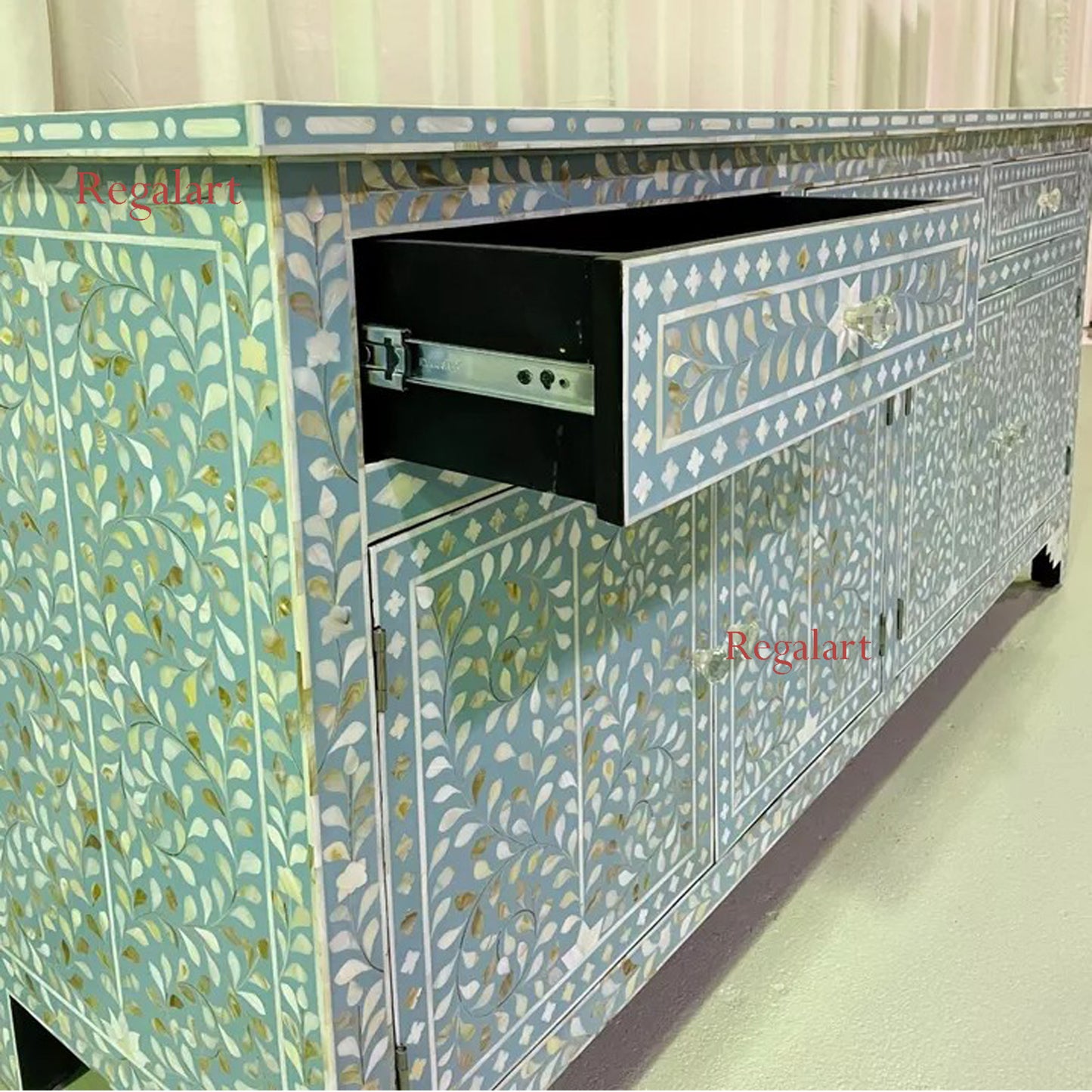 Sideboard Buffet Large Mother Of Pearl Inlay - Blue Floral Home Décor Furniture