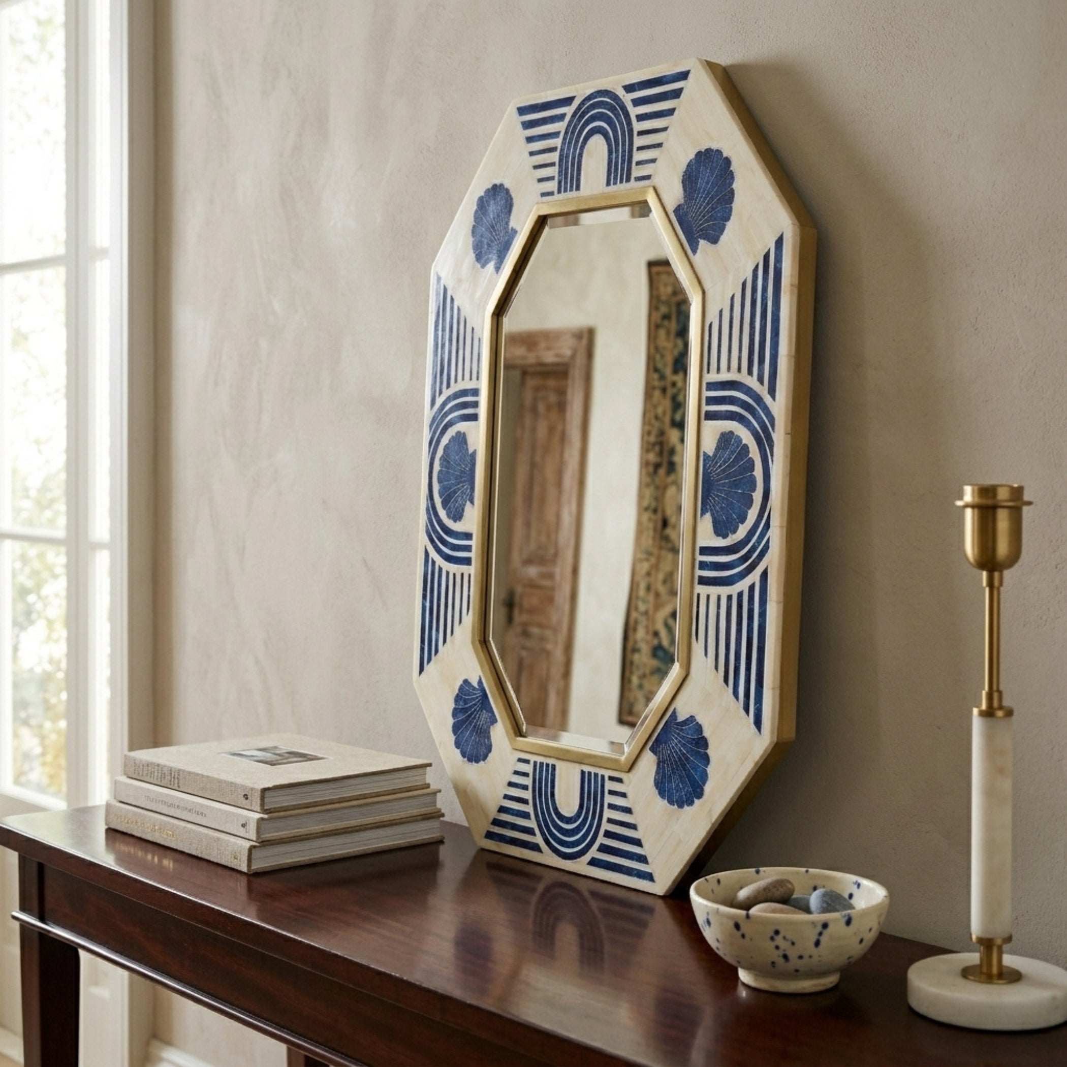 Blue Bone Inlay Octagon Mirror, Brass Detail, Wall Mirror