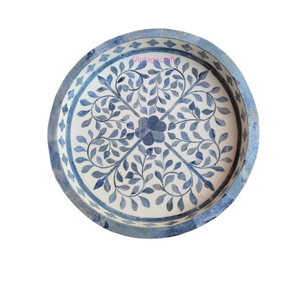 Blue Bone Inlay Round Kitchen Serving Tray Handmade Floral Design Tray Christmas gift item