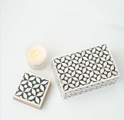 Bone Inlay Geometric Coasters Set - Black Set of 4 with Holder - Unique Home Decor