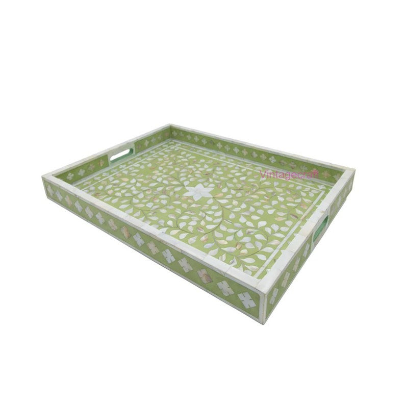 Mother of Pearl inlay Rectangular Tray, Breakfast Serving Tray, Housewarming Present Floral Pattern Tray