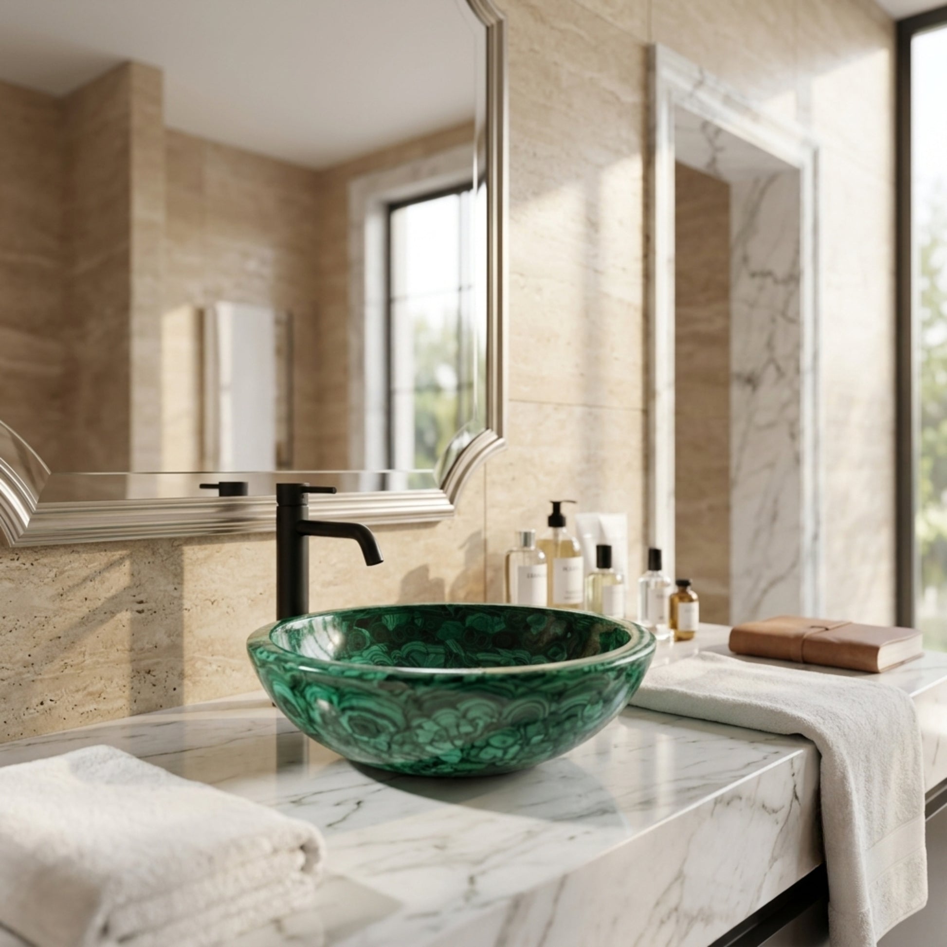 Handmade Natural Malachite Gemstone Vessel Sink displayed on a white marble vanity in a luxury modern bathroom with matte black faucet and elegant interior décor.