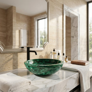 Handmade Natural Malachite Gemstone Vessel Sink displayed on a white marble vanity in a luxury modern bathroom with matte black faucet and elegant interior décor.